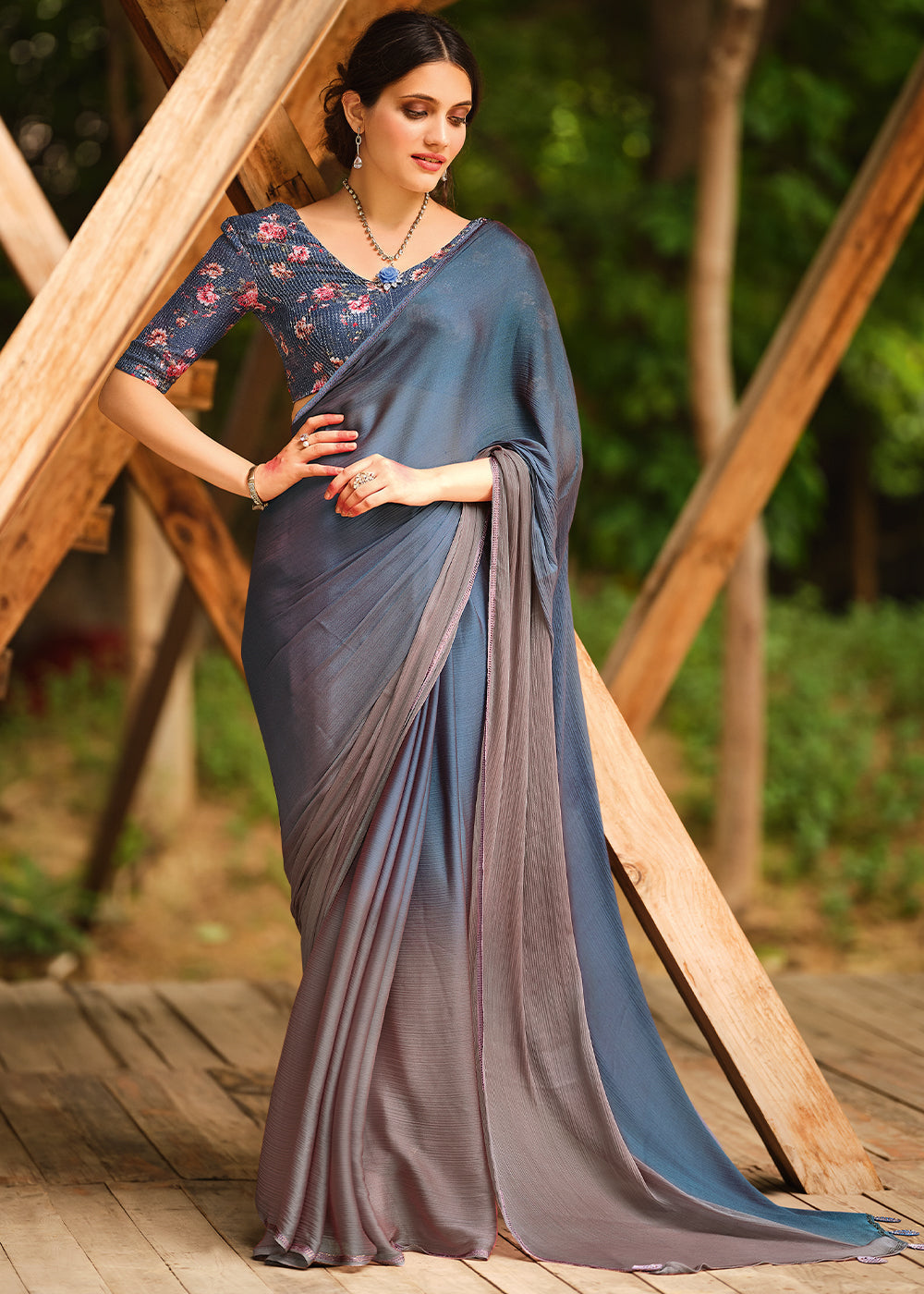 Buy MySilkLove Opium Grey and Brown Chiffon Saree With Printed Blouse Online