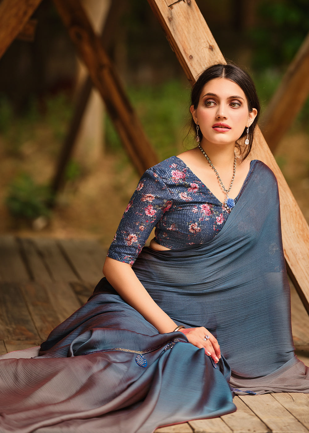 Buy MySilkLove Opium Grey and Brown Chiffon Saree With Printed Blouse Online