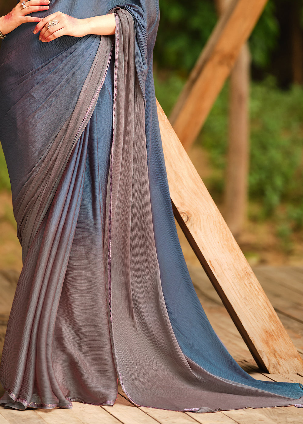 Buy MySilkLove Opium Grey and Brown Chiffon Saree With Printed Blouse Online