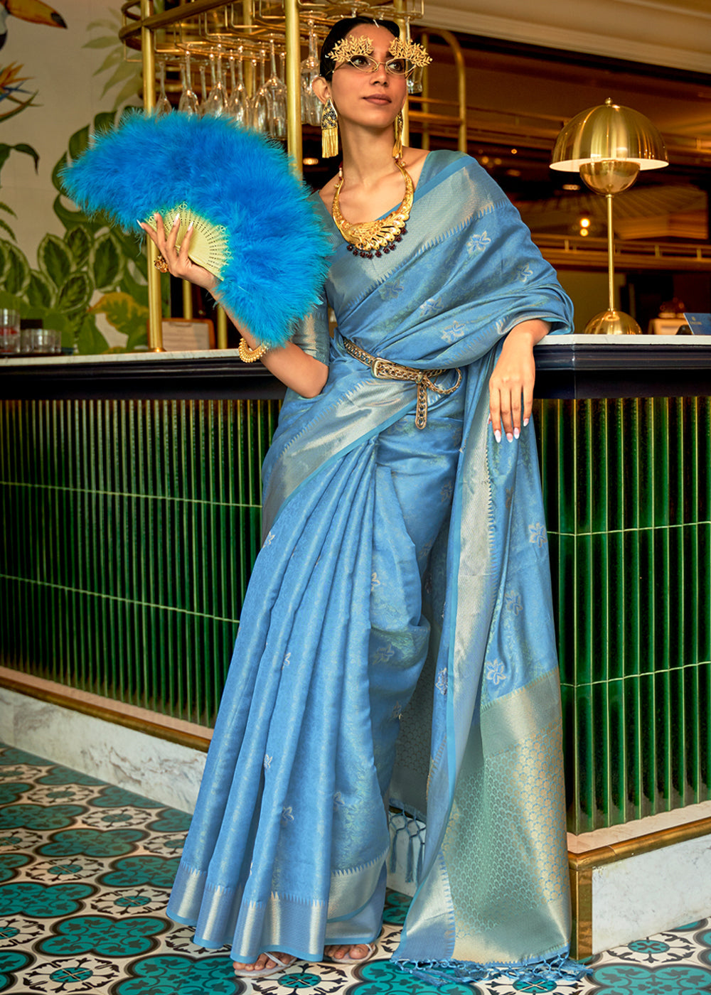 Buy MySilkLove Aqua Pearl Blue Woven Organza Silk Saree Online