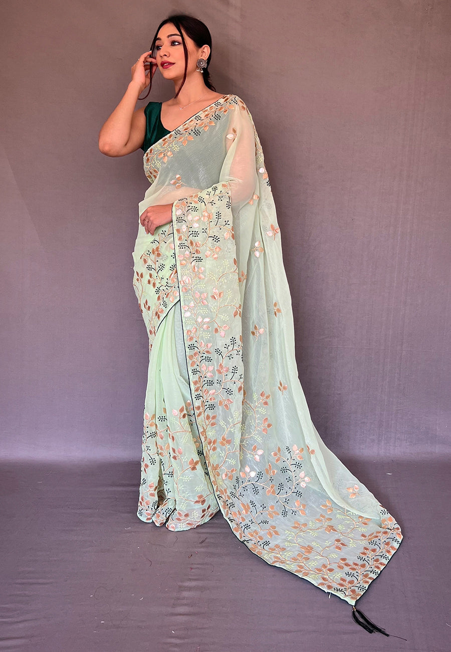 Buy MySilkLove Zanah Green Embroidered Organza Silk Saree Online