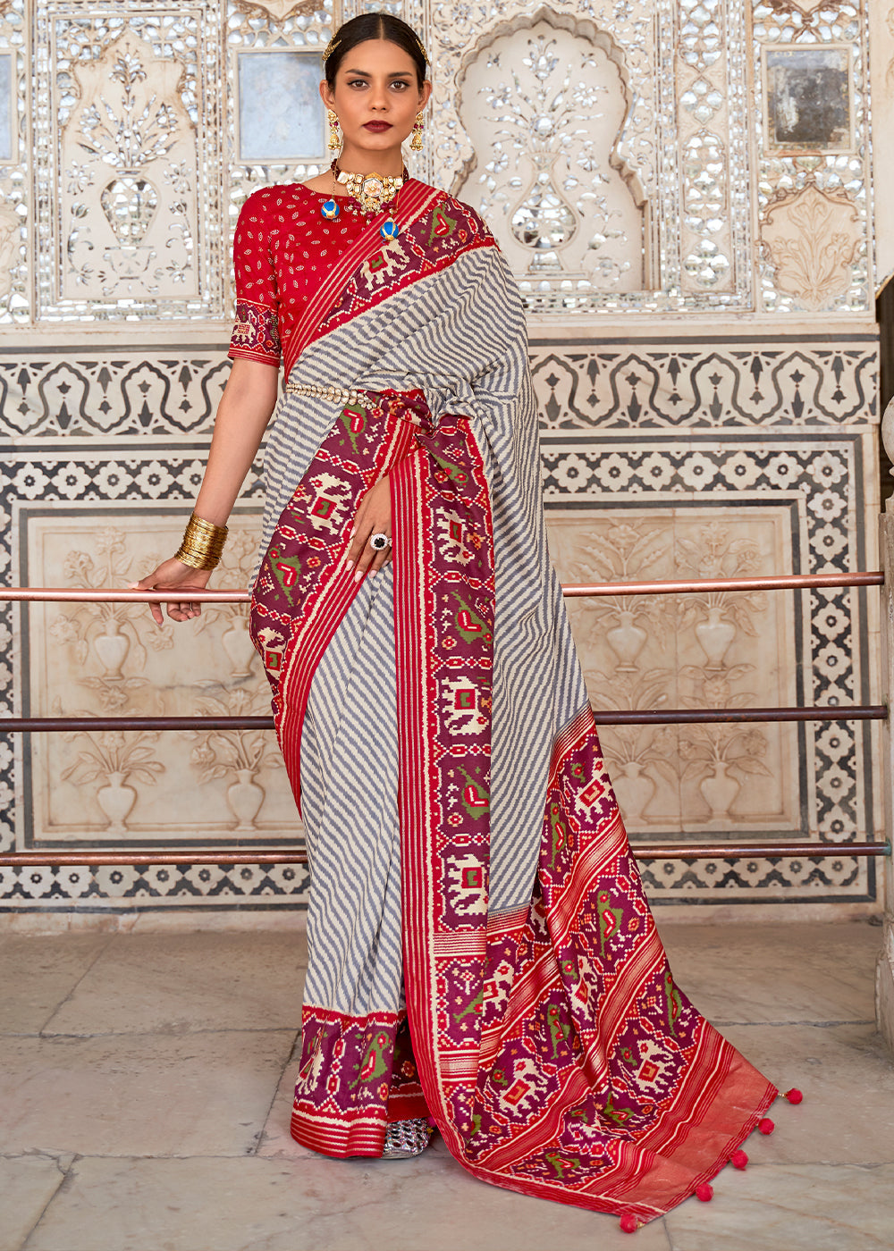 Buy MySilkLove Bizarre Red and White Cotton Patola Printed Saree Online