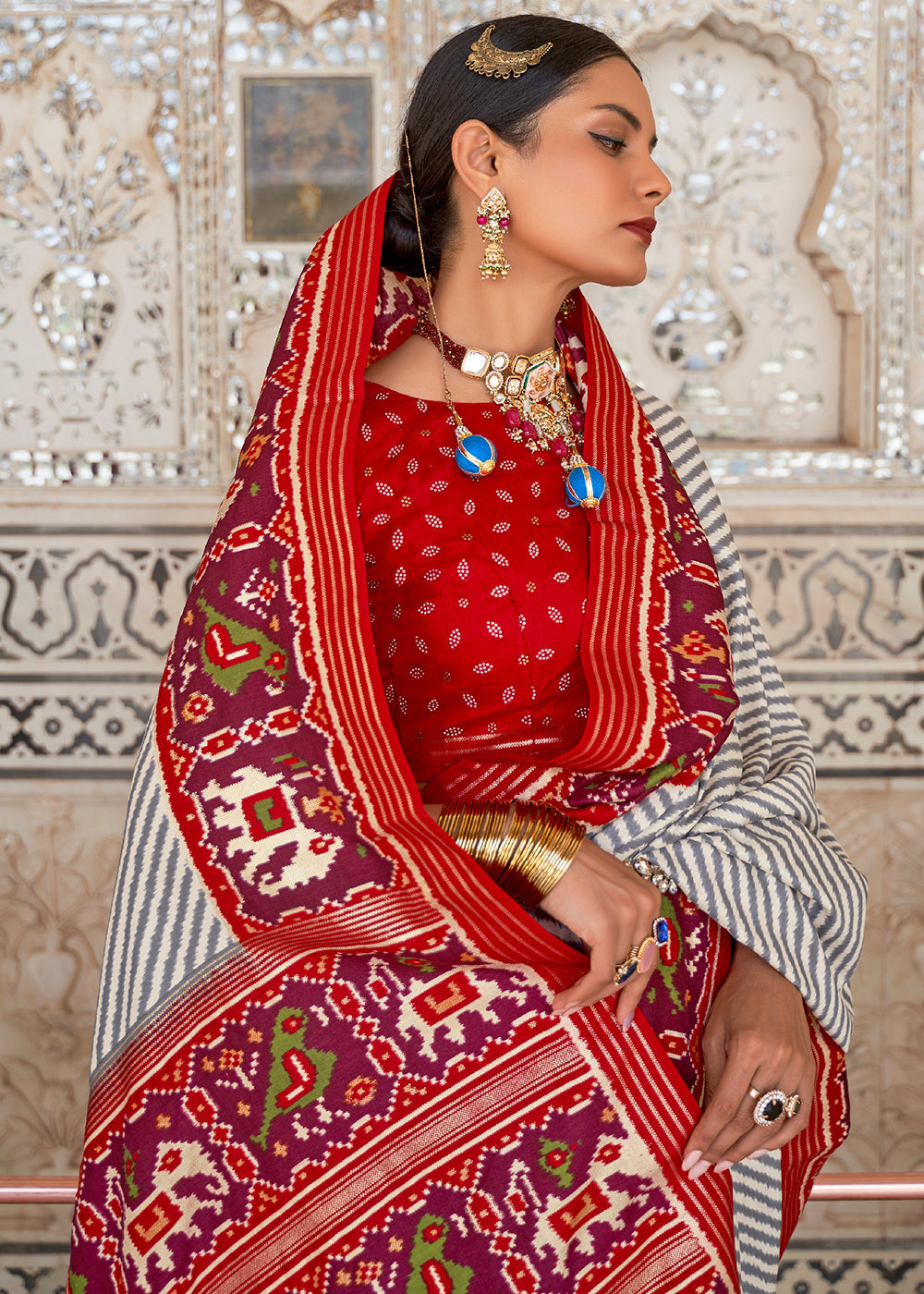 Buy MySilkLove Bizarre Red and White Cotton Patola Printed Saree Online