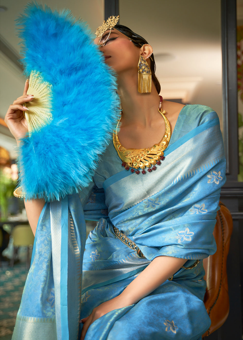 Buy MySilkLove Aqua Pearl Blue Woven Organza Silk Saree Online