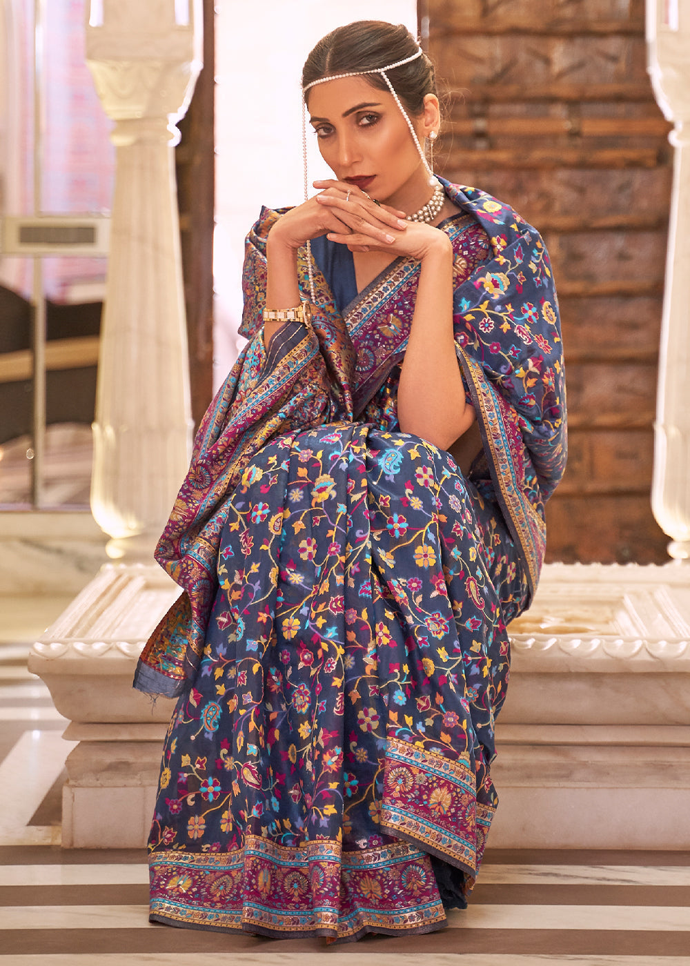 Buy MySilkLove Scarpa Blue Banarasi Jamawar Woven Silk Saree Online