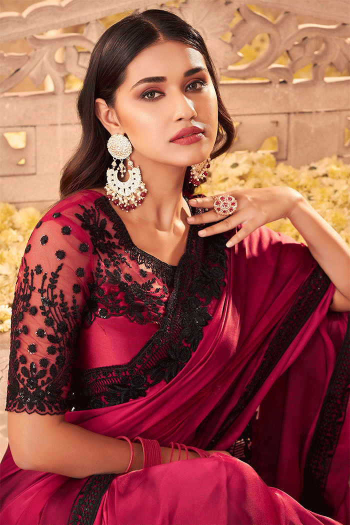 Buy MySilkLove Claret Maroon and Black Designer Partywear Saree Online
