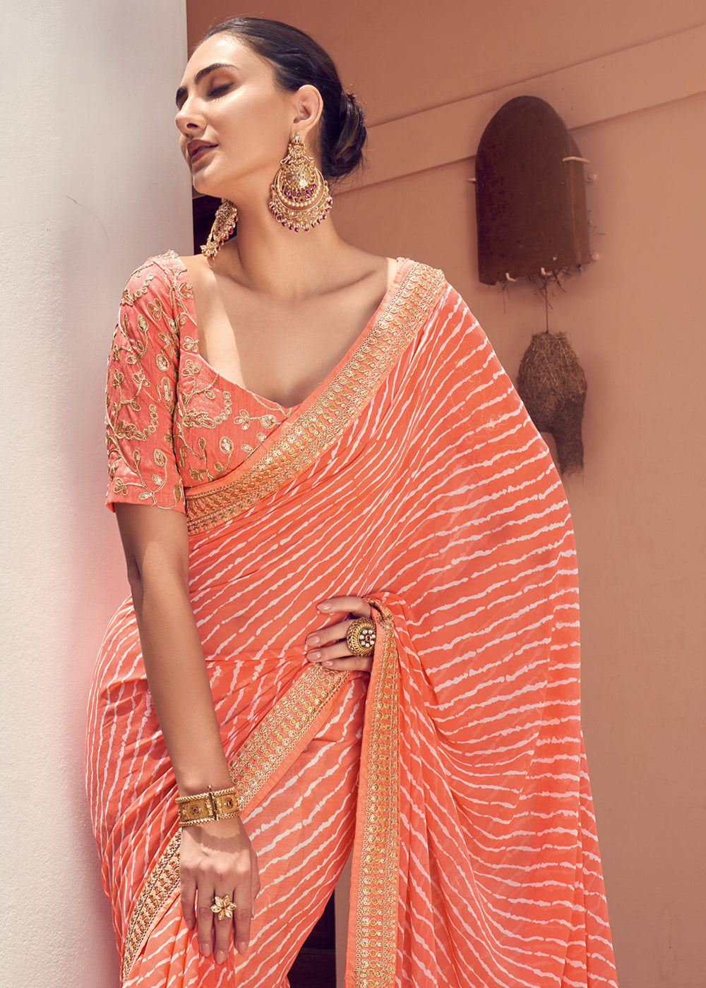 MySilkLove Tan Orange Lehriya Print Georgette Saree With Embroidered Blouse
