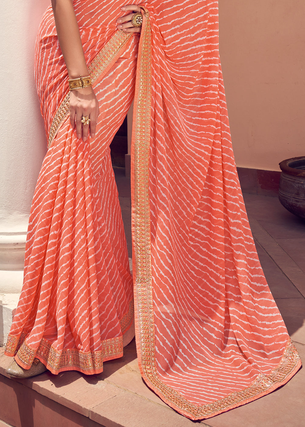 Buy MySilkLove Tan Orange Lehriya Print Georgette Saree With Embroidered Blouse Online