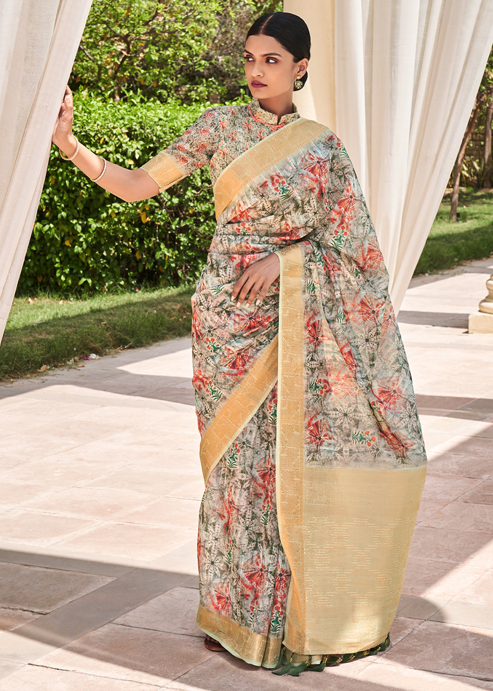 Buy MySilkLove Harlequin White Digital Print Linen Saree Online