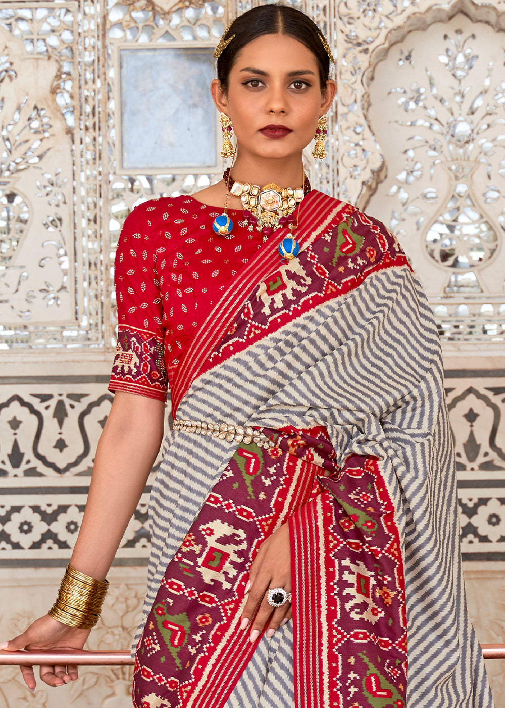 Buy MySilkLove Bizarre Red and White Cotton Patola Printed Saree Online