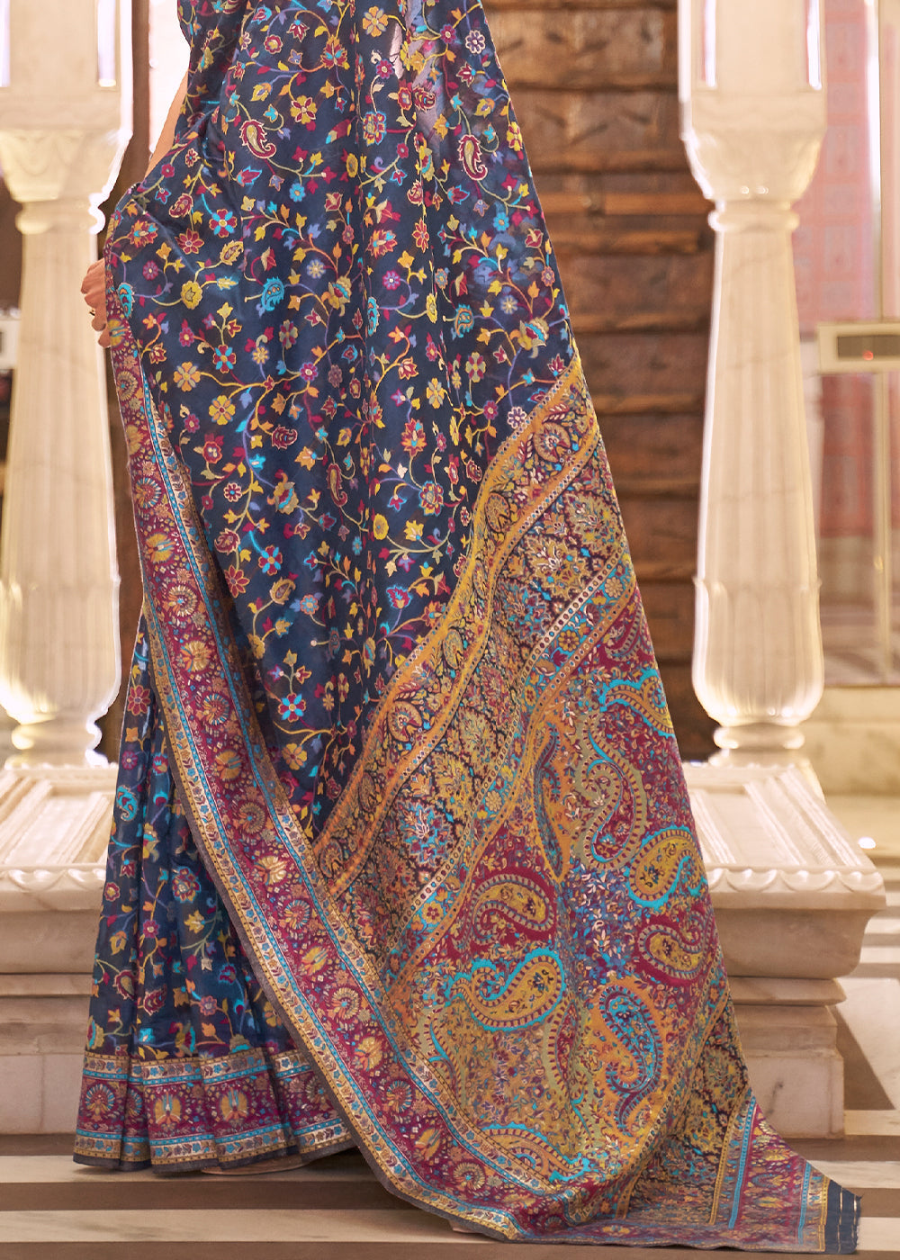 Buy MySilkLove Scarpa Blue Banarasi Jamawar Woven Silk Saree Online