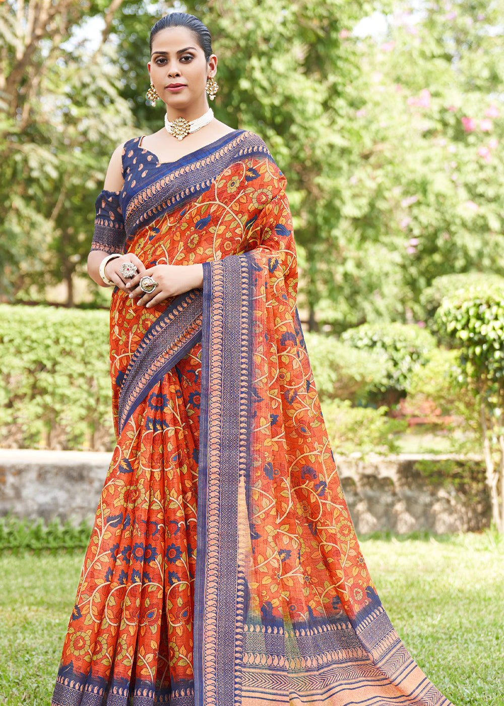 Buy MySilkLove Jasper Orange Linen Kalamkari Digital Print Saree Online