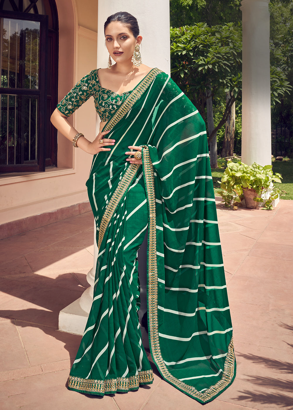 Buy MySilkLove Gable Green Lehriya Print Georgette Saree With Embroidered Blouse Online