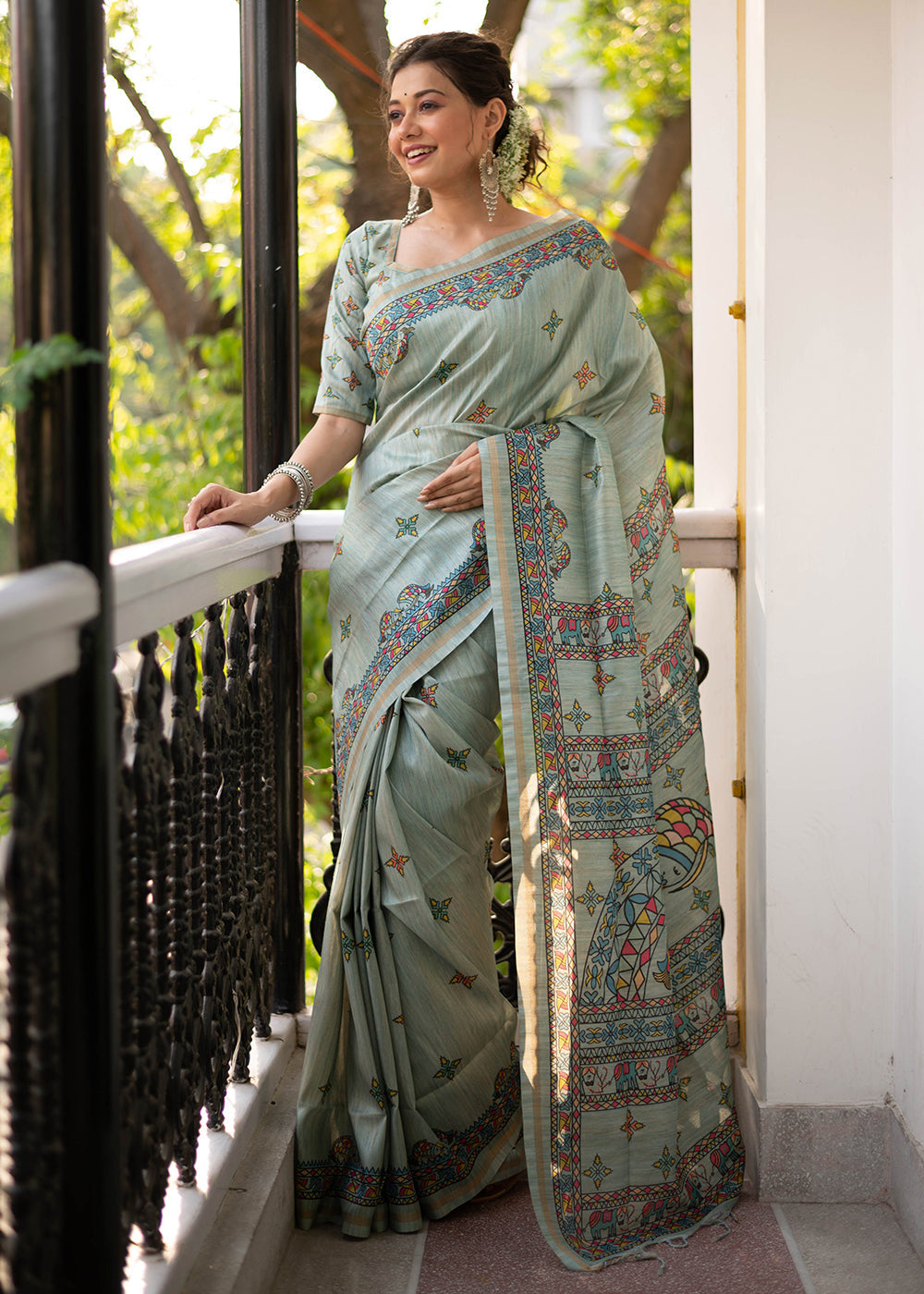 Buy MySilkLove Lemon Grass Grey Kalamkari Printed Silk Saree Online