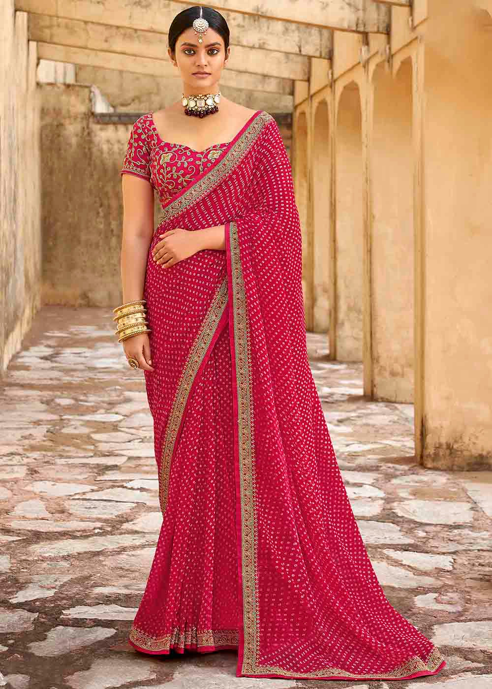 Buy MySilkLove Shiraz Red Georgette Leheriya Printed Saree with Embroidered Blouse Online