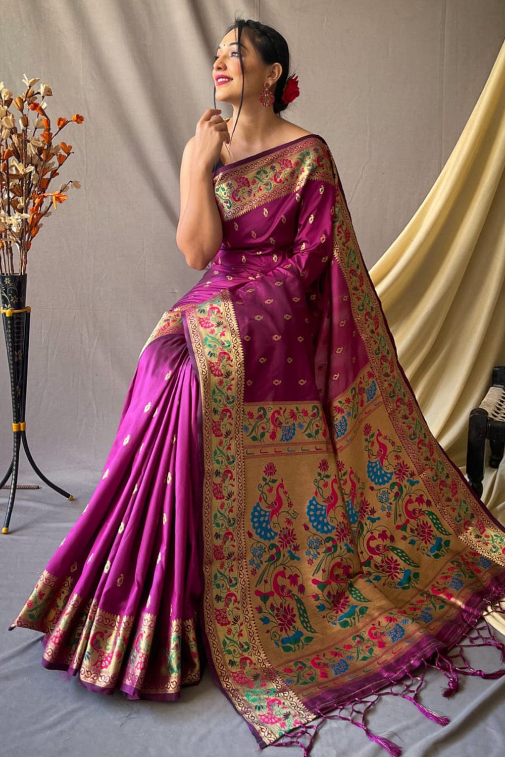 Buy MySilkLove Ruby Purple Zari Woven Paithani Saree Online
