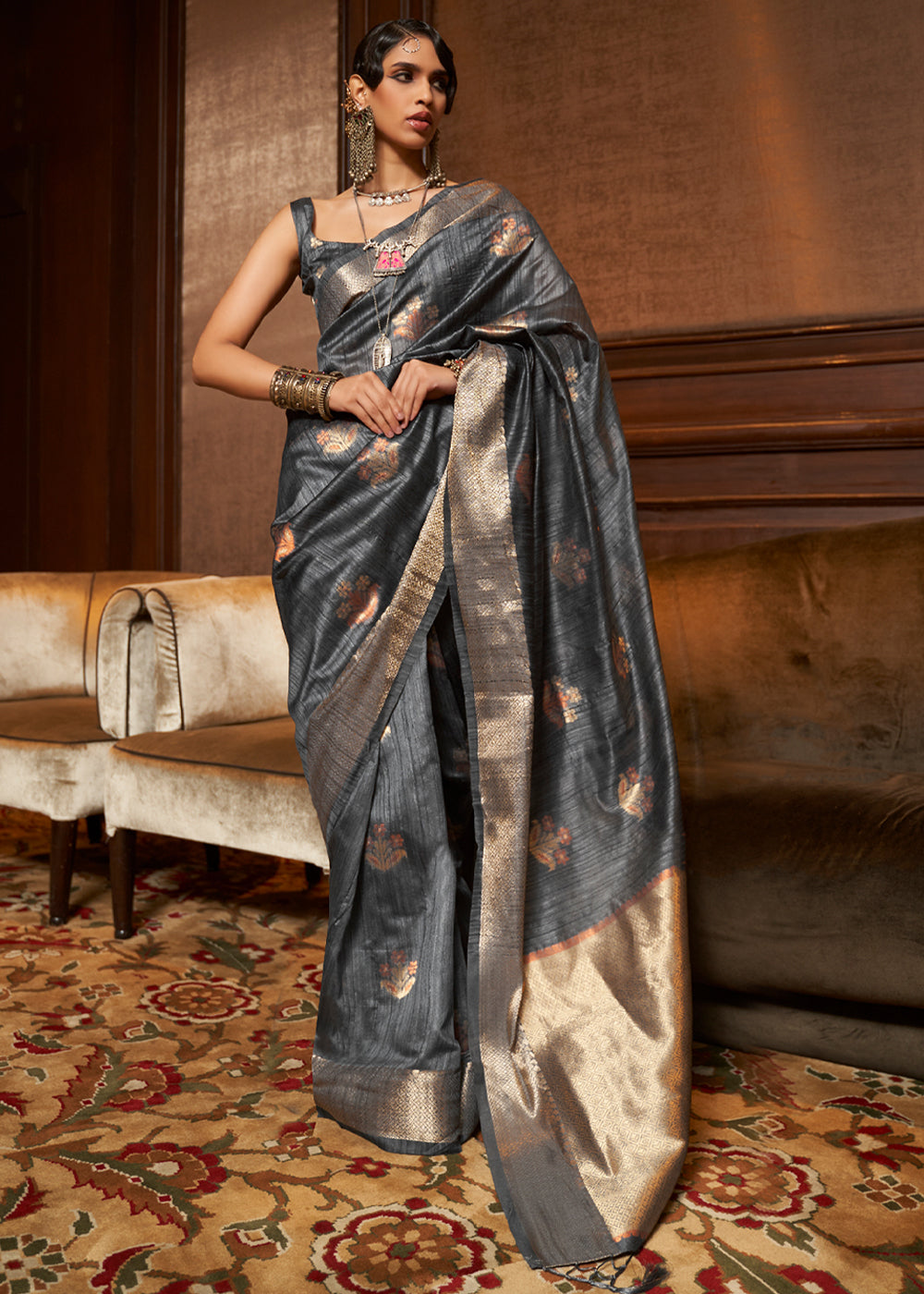 Buy MySilkLove Stack Grey Zari Woven Banarasi Raw Silk Saree Online