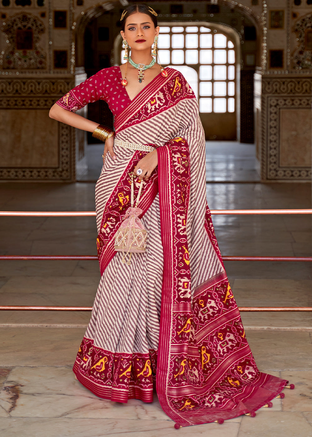 Buy MySilkLove Eunry White and Pink Cotton Patola Printed Saree Online