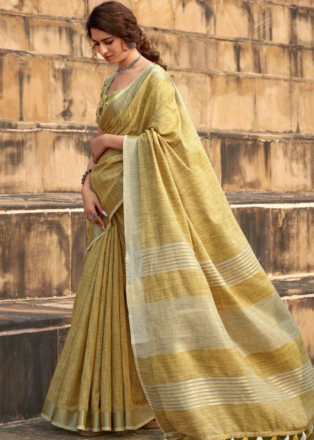Buy MySilkLove Rob Roy Yellow Soft Linen Silk Saree Online