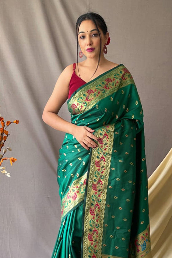 Buy MySilkLove Everglade Green Zari Woven Paithani Saree Online