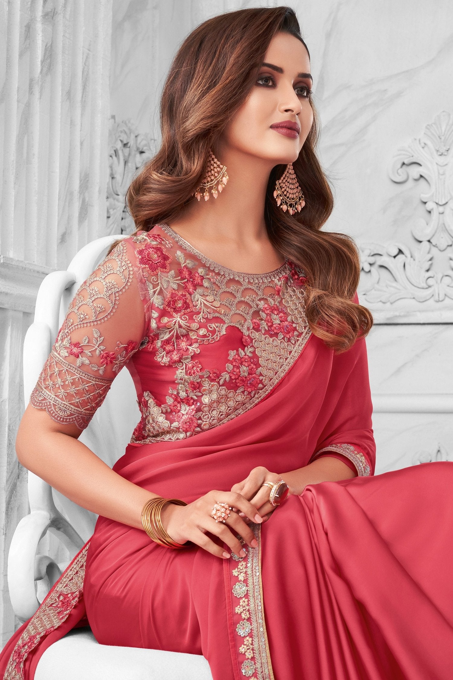 Buy MySilkLove Tamarillo Pink Designer Satin Silk Saree Online