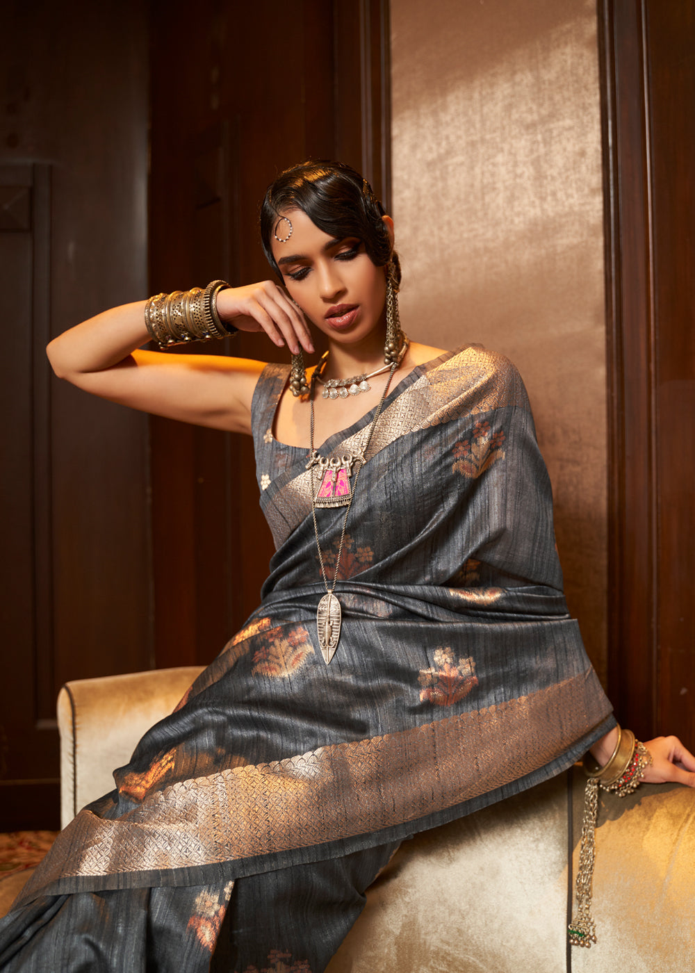 Buy MySilkLove Stack Grey Zari Woven Banarasi Raw Silk Saree Online