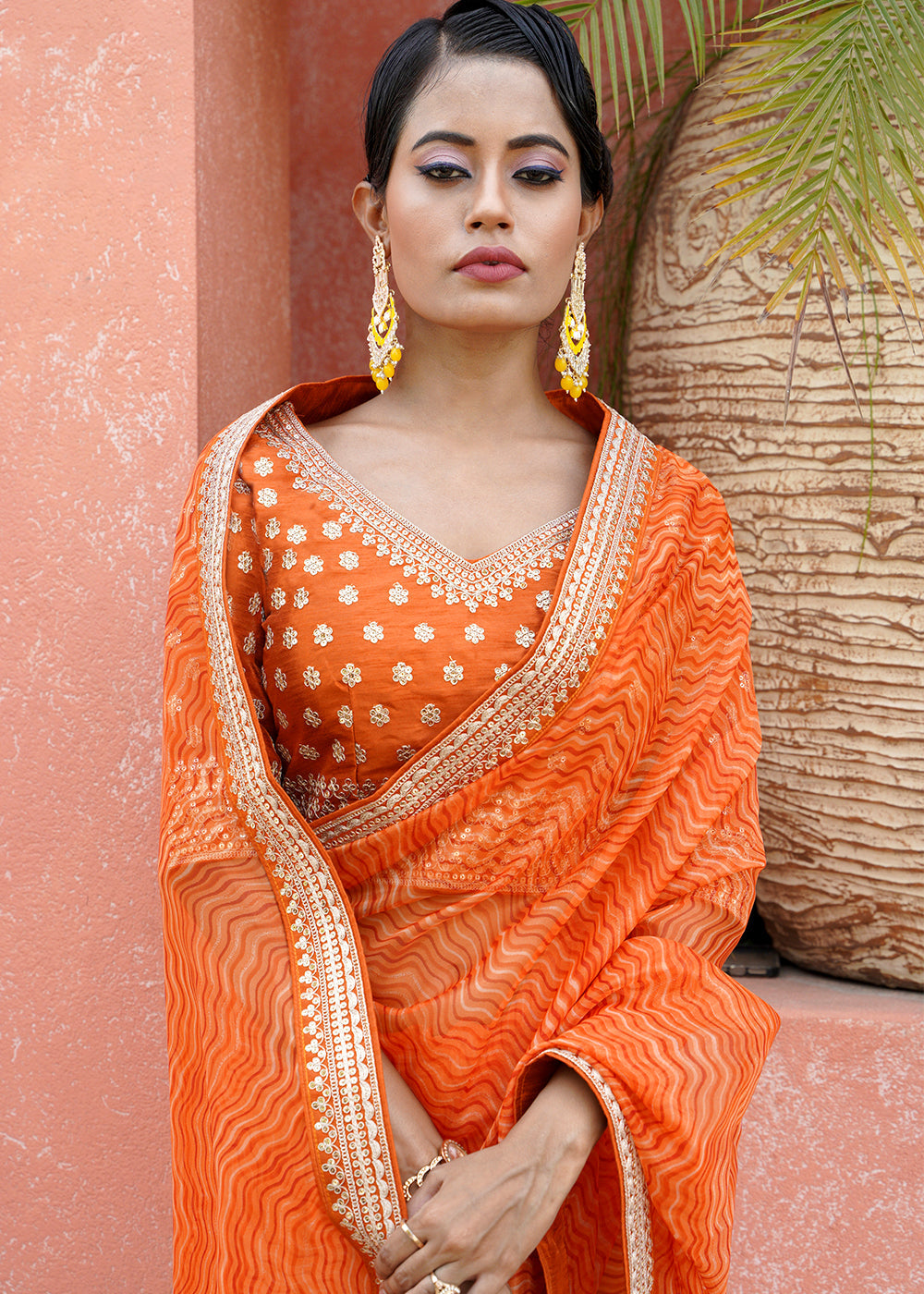 MySilkLove Coral Orange Lehriya Organza Saree With Embroidered Blouse