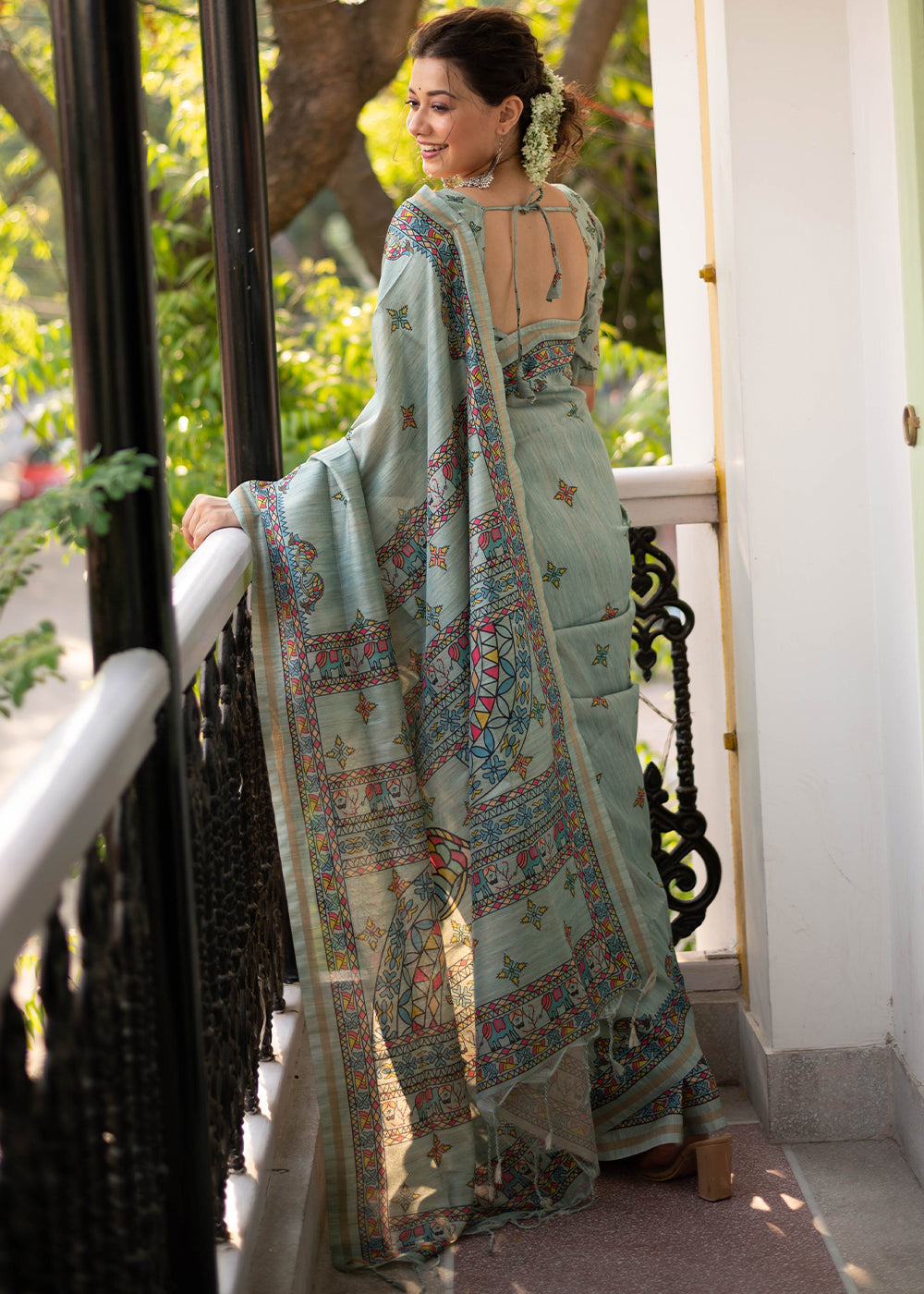 Buy MySilkLove Lemon Grass Grey Kalamkari Printed Silk Saree Online