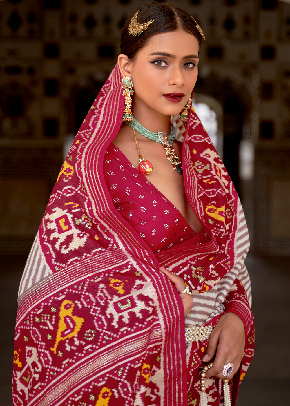 Buy MySilkLove Eunry White and Pink Cotton Patola Printed Saree Online
