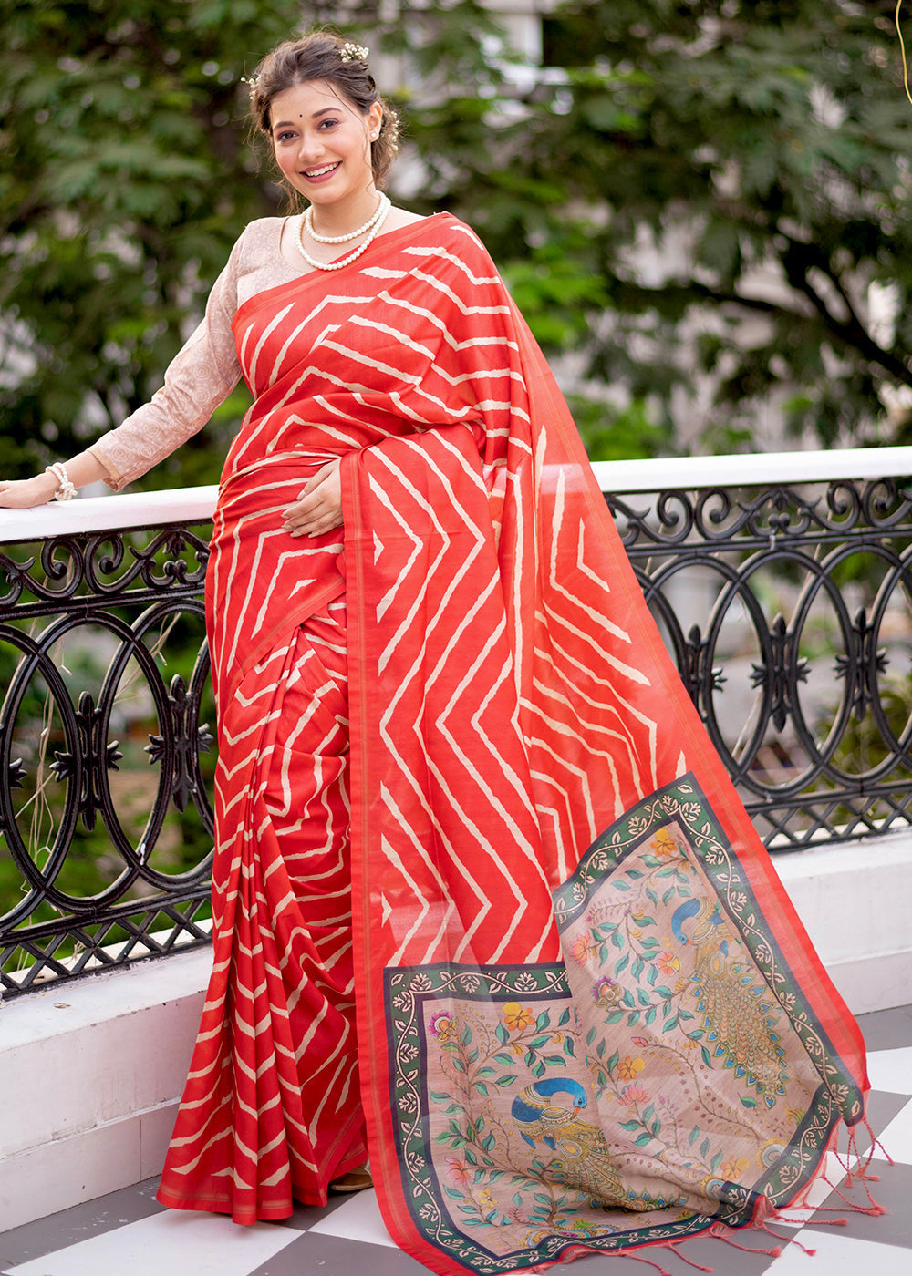 Buy MySilkLove Cinnabar Red Digital Printed Soft Silk Saree Online