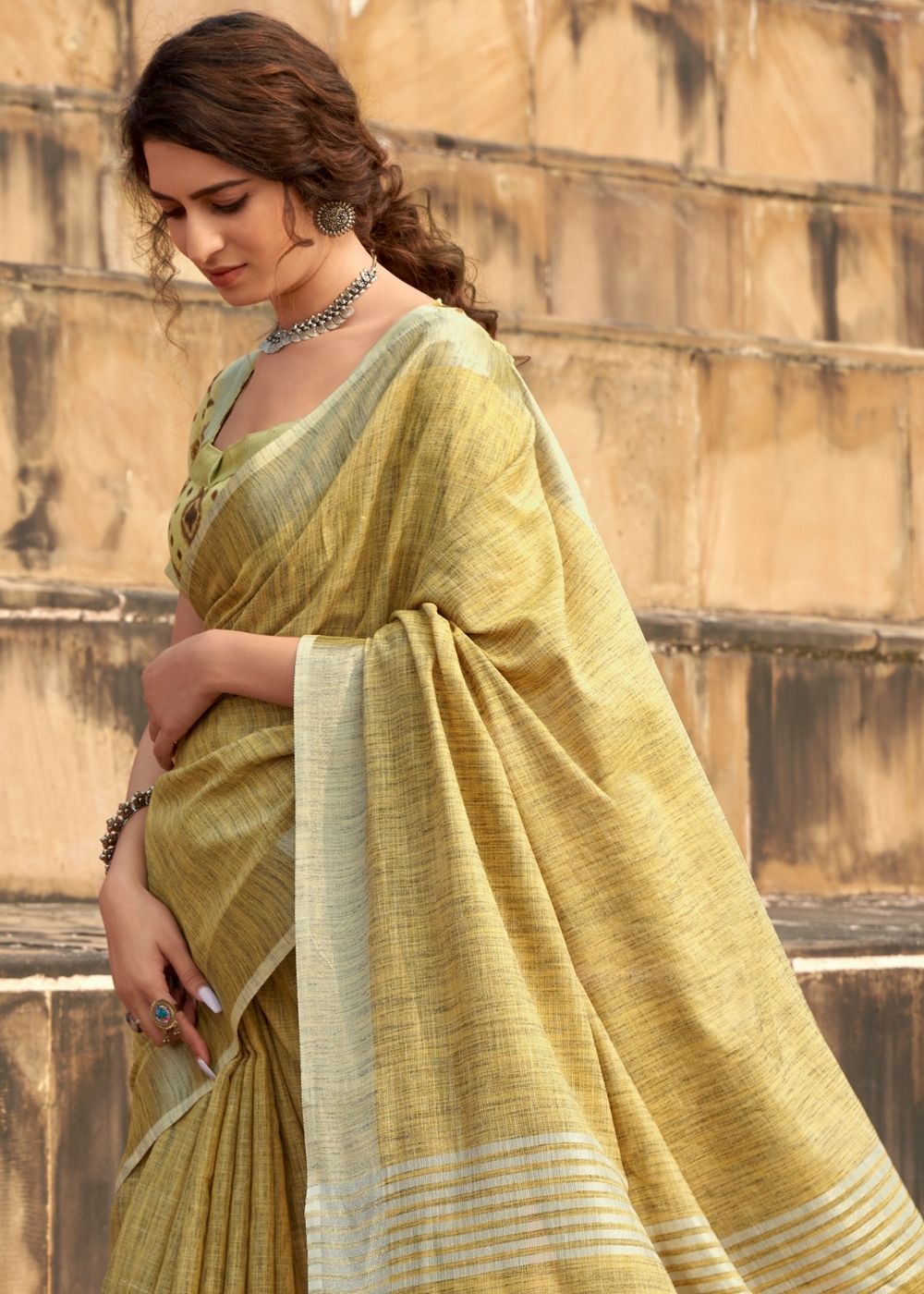 Buy MySilkLove Rob Roy Yellow Soft Linen Silk Saree Online
