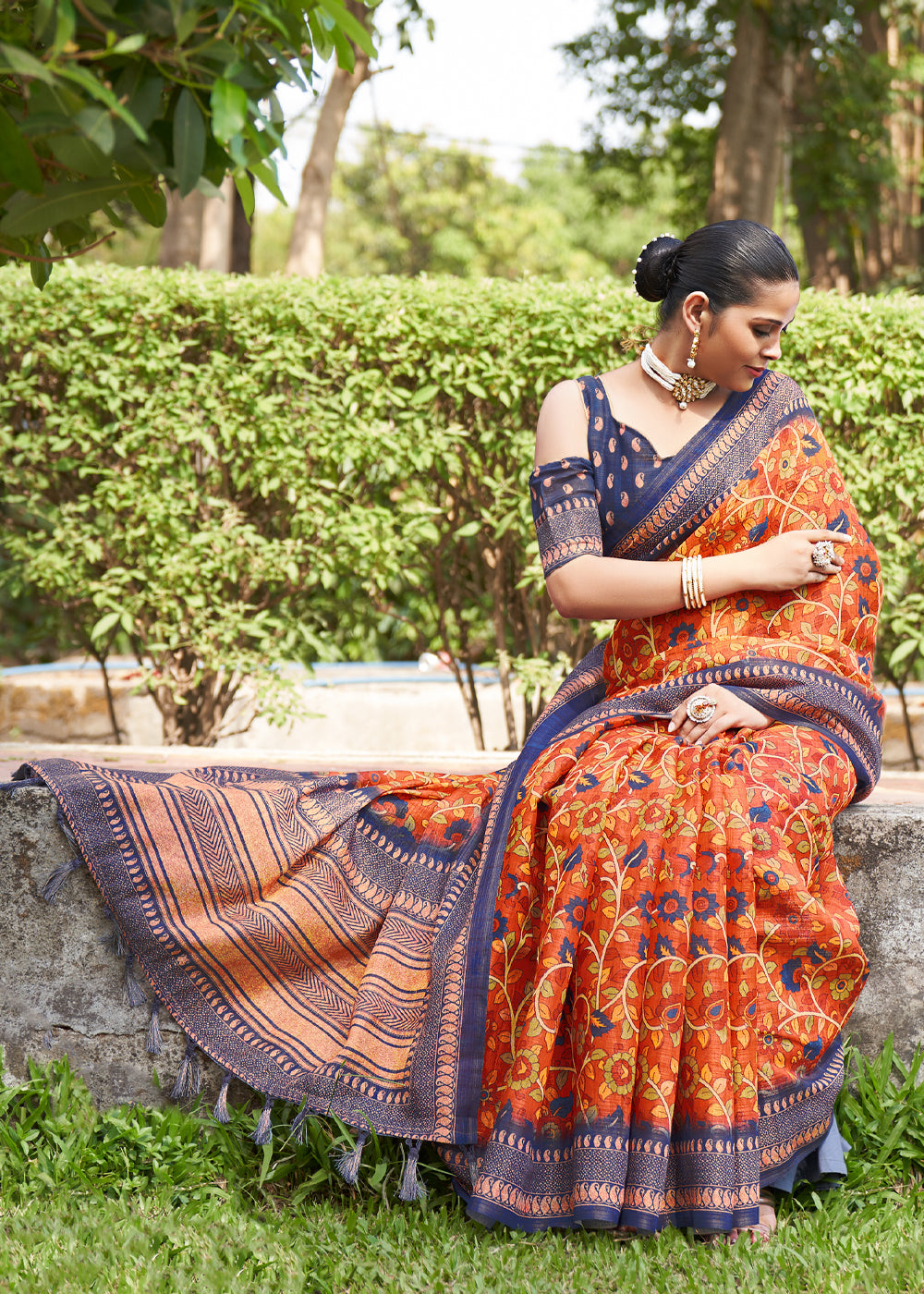 MySilkLove Jasper Orange Linen Kalamkari Digital Print Saree