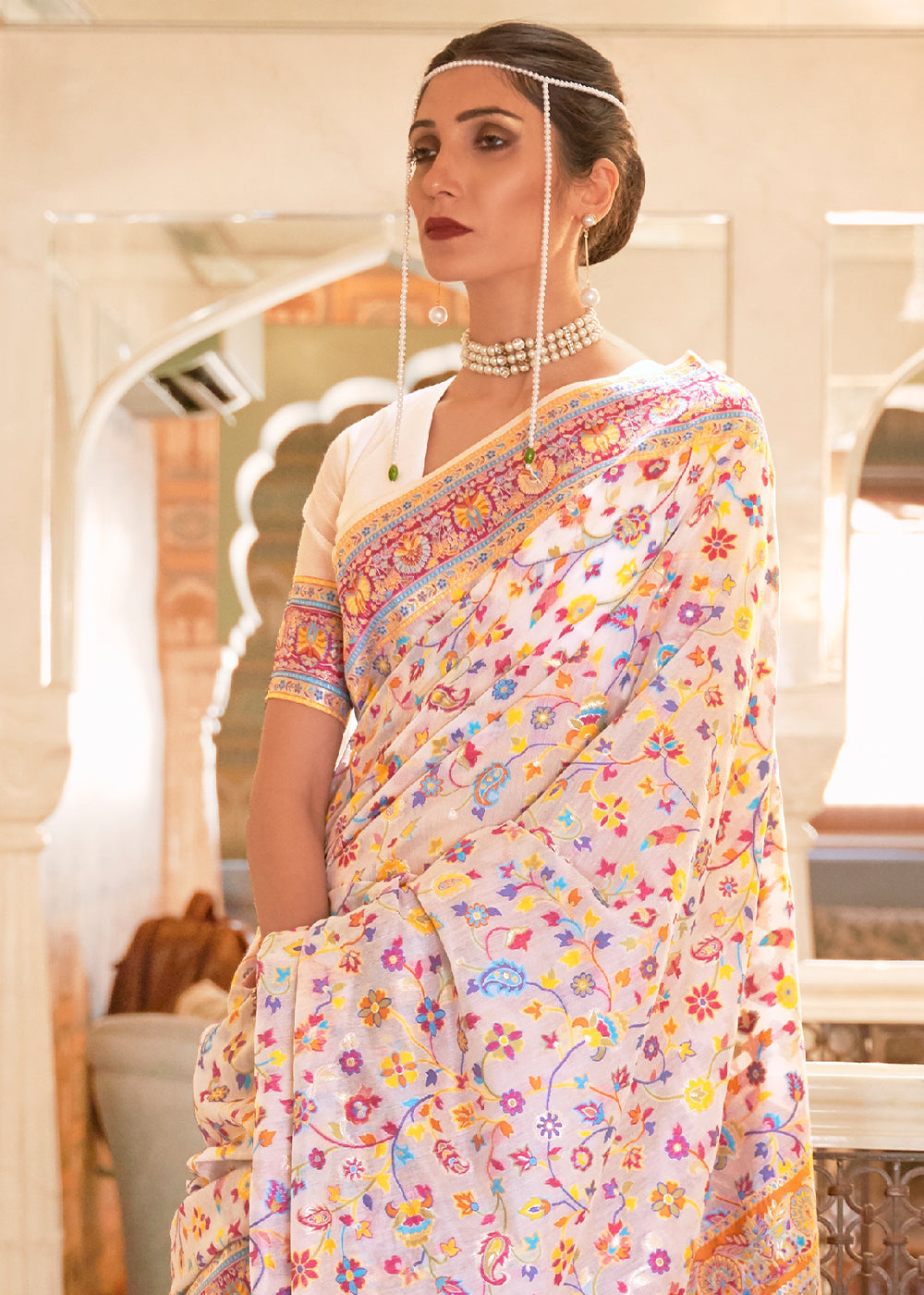Buy MySilkLove Rose White Blush Pink Banarasi Jamawar Woven Silk Saree Online
