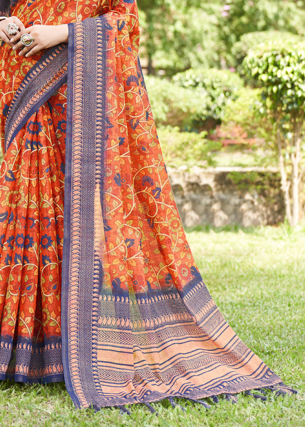 Buy MySilkLove Jasper Orange Linen Kalamkari Digital Print Saree Online