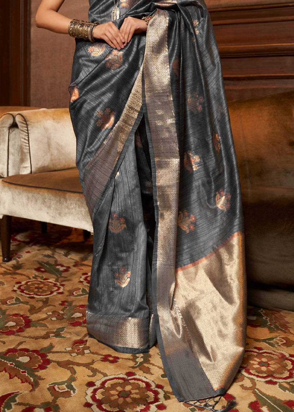 Buy MySilkLove Stack Grey Zari Woven Banarasi Raw Silk Saree Online