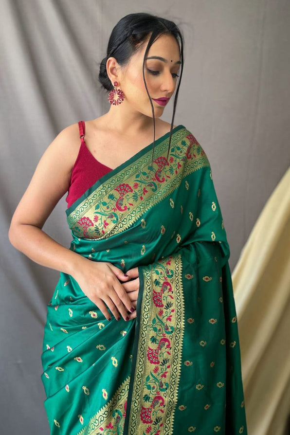 Buy MySilkLove Everglade Green Zari Woven Paithani Saree Online