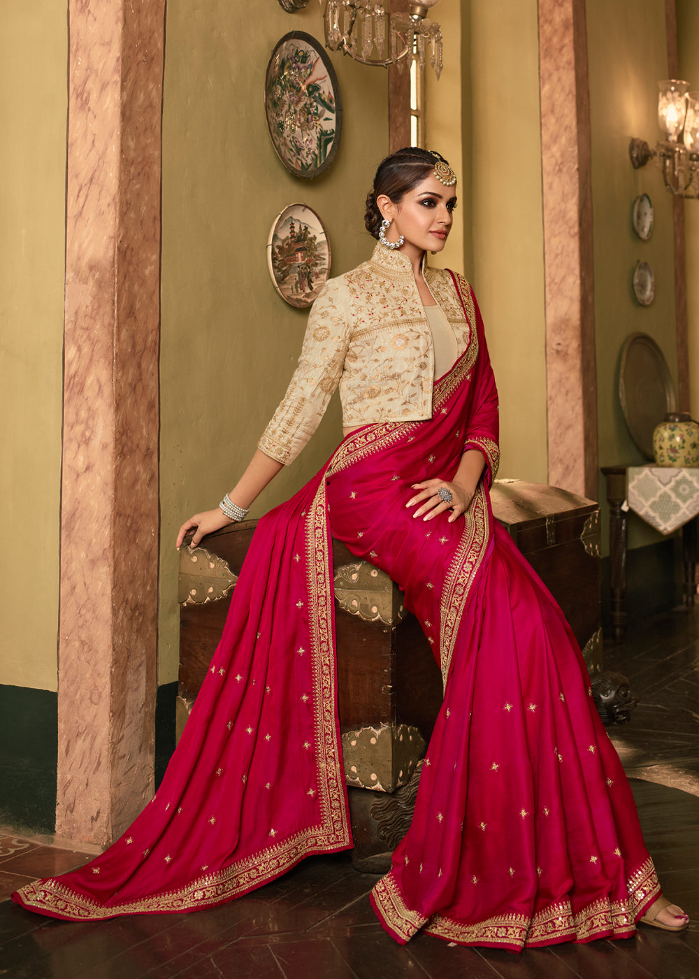 Buy MySilkLove Shiraz Red Designer Embroidered Silk Saree Online