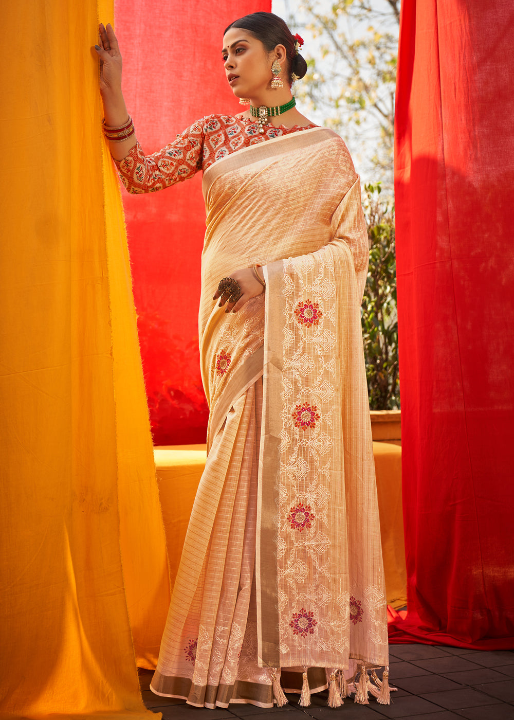 Buy MySilkLove Peach Orange Woven Linen Silk Saree Online
