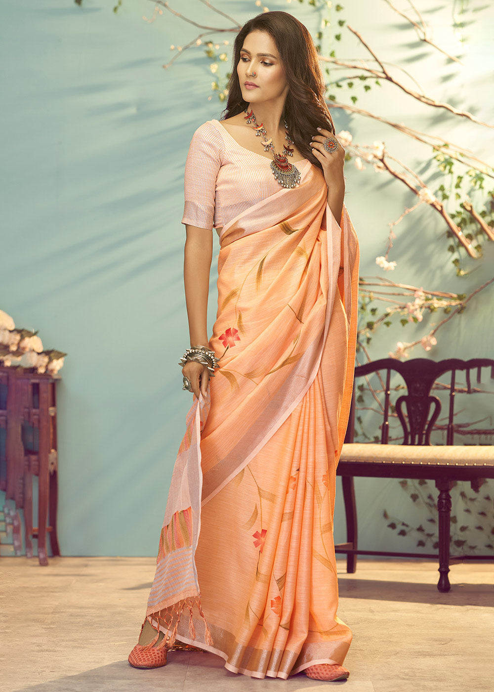 Buy MySilkLove Flesh Orange Soft Linen Silk Floral Printed Saree Online