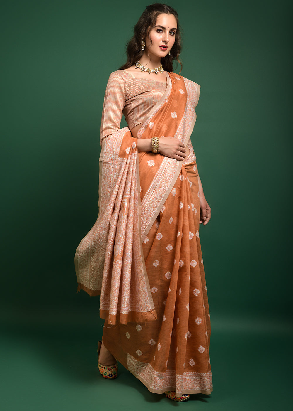 MySilkLove Macaroni Orange Chikankari Chanderi Cotton Woven Saree