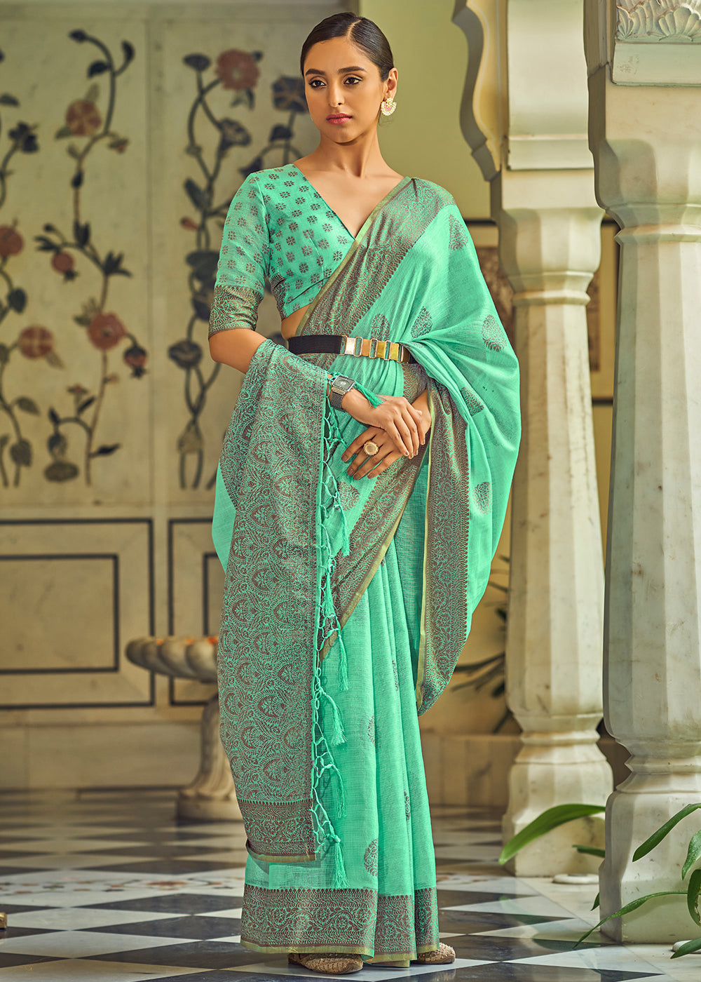 Buy MySilkLove Caribbean Green Linen Silk Saree Online