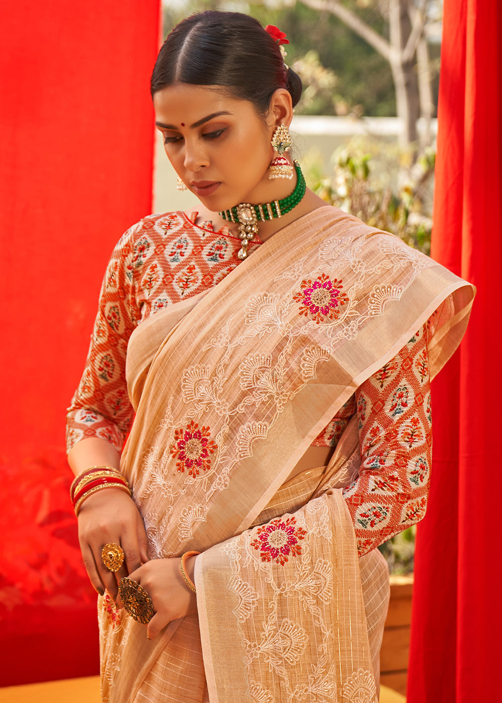 MySilkLove Peach Orange Woven Linen Silk Saree