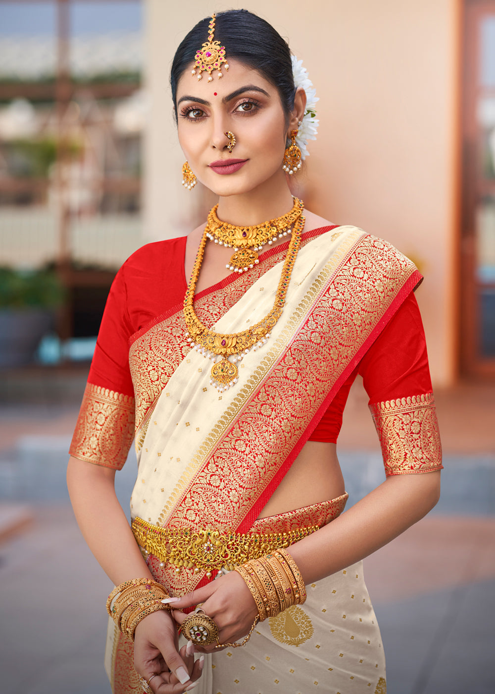 MySilkLove Derby White Woven Banarasi Crepe Silk Saree