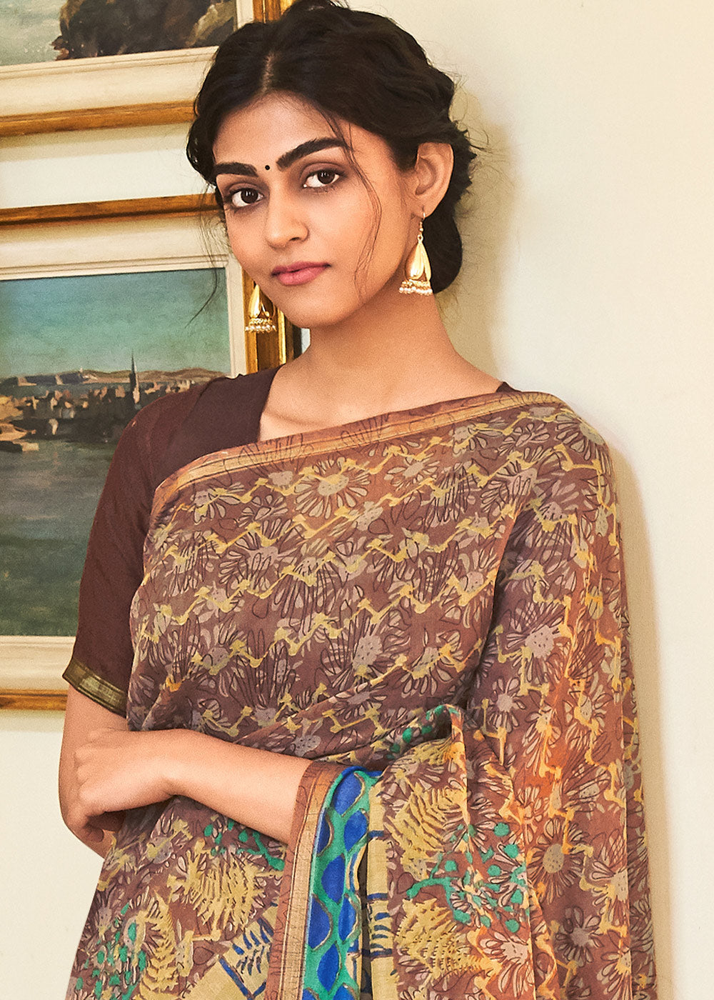 Buy MySilkLove Congo Brown and Blue Cotton Linen Batik Printed Saree Online