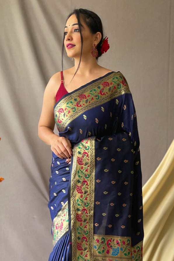 Buy MySilkLove Cloud Burst Blue Zari Woven Paithani Saree Online