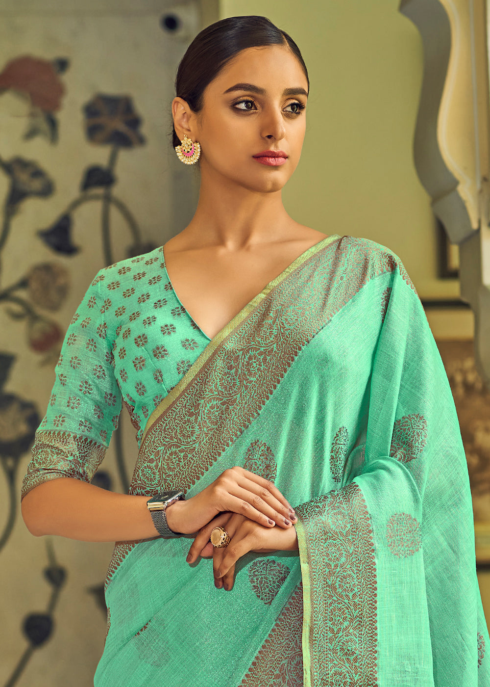 Buy MySilkLove Caribbean Green Linen Silk Saree Online