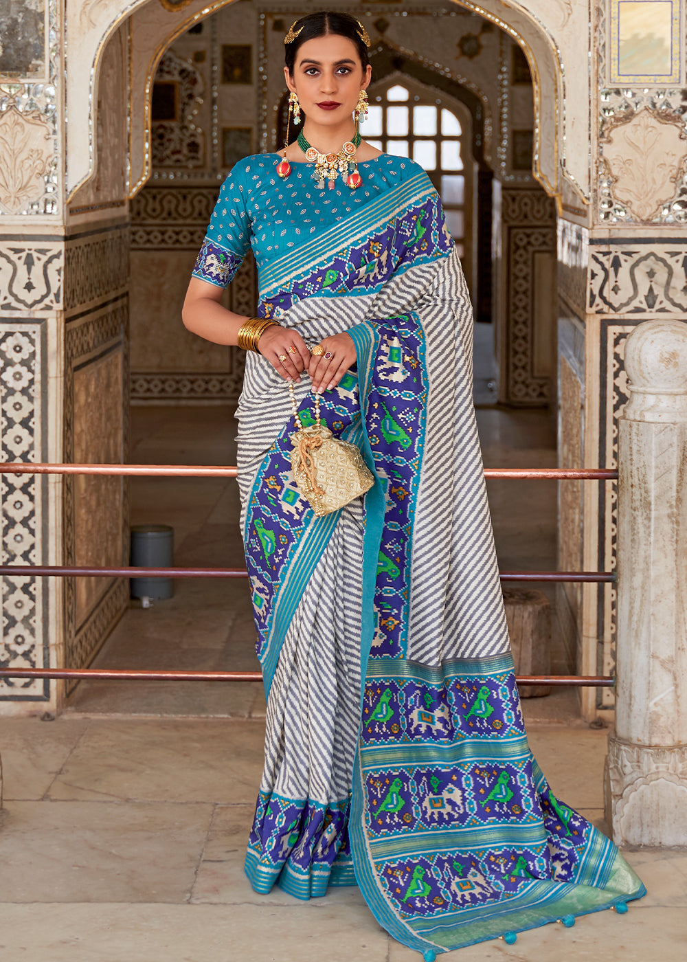 Buy MySilkLove Geyser White and Blue Cotton Patola Printed Saree Online