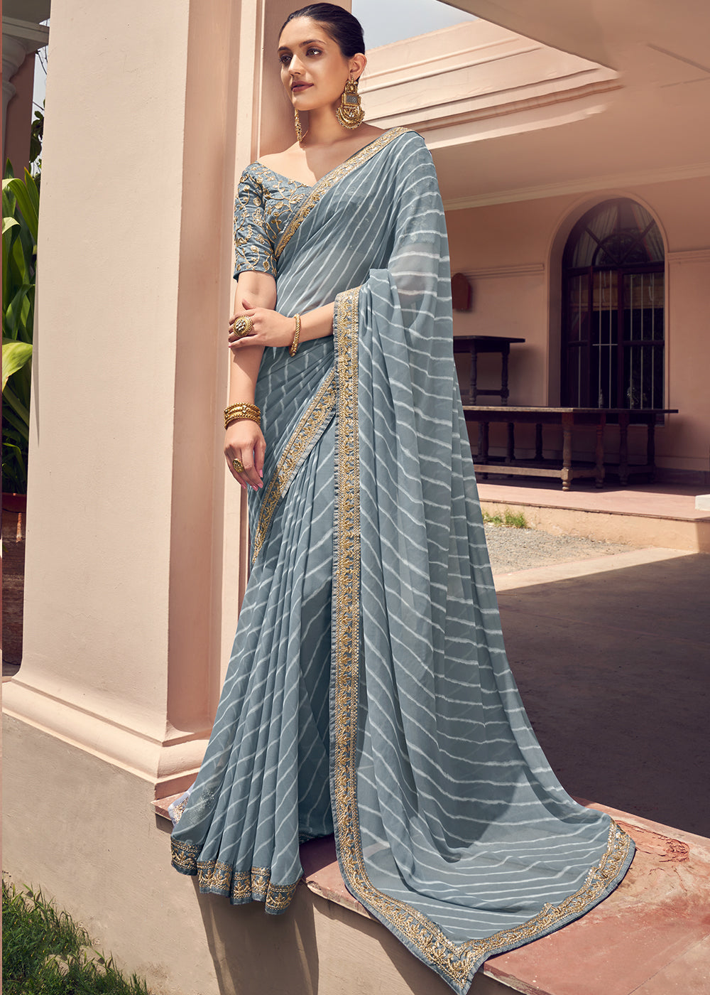 Buy MySilkLove Sirocco Grey Lehriya Print Georgette Saree With Embroidered Blouse Online