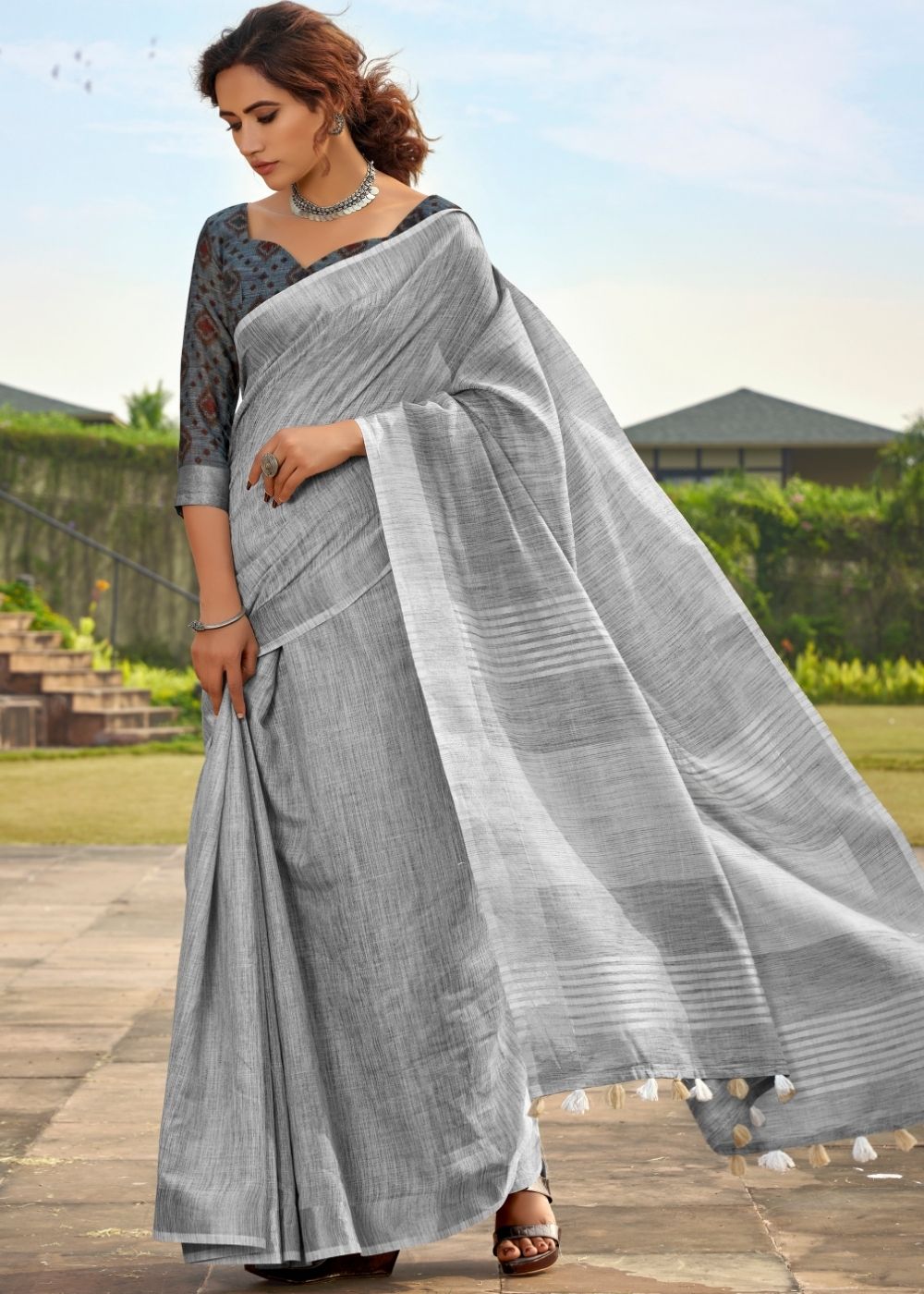 Buy MySilkLove Silver Grey Soft Linen Silk Saree Online