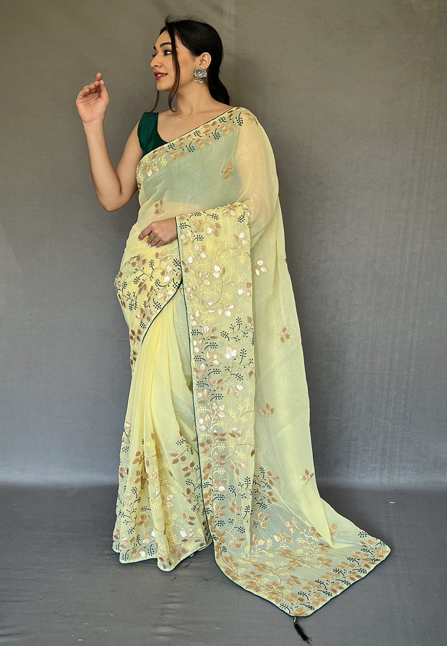 Buy MySilkLove Pale Prim Yellow Embroidered Organza Silk Saree Online